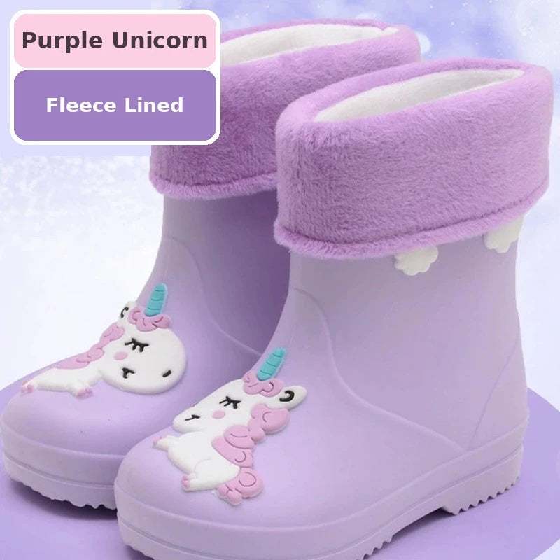 Kids toddler rain boots with unicorn design in purple