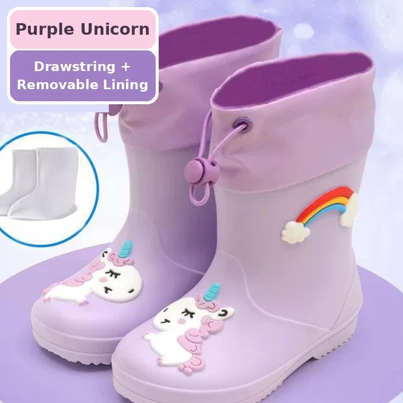 Kids toddler rain boots with unicorn design in purple