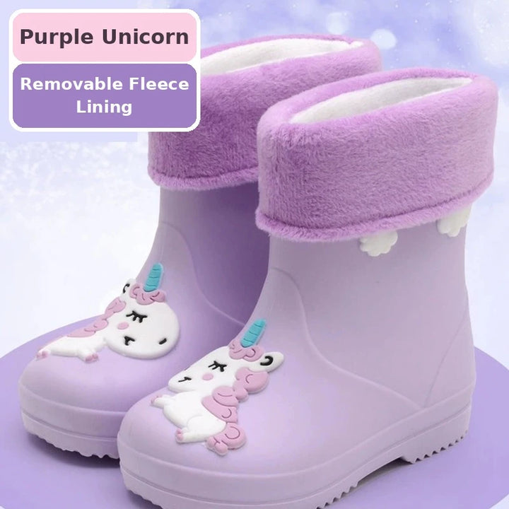 Kids toddler rain boots with unicorn design in purple