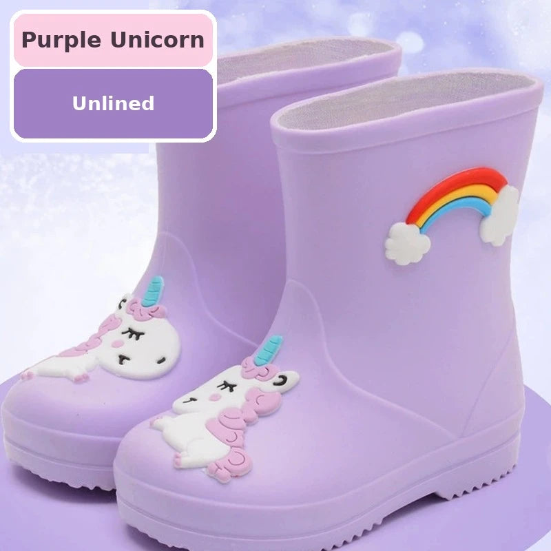 Kids toddler rain boots with unicorn design in purple