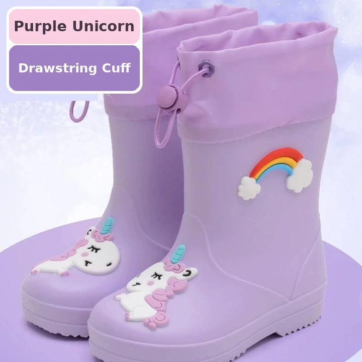 Kids toddler rain boots with unicorn design in purple