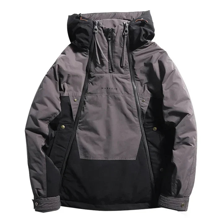 Charcoal and black colorblock hooded anorak jacket with double zip front