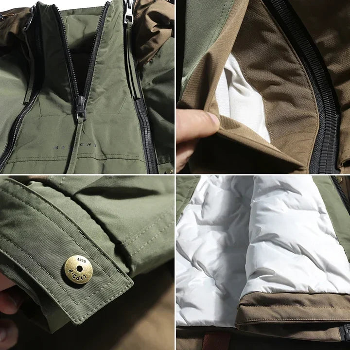 Four detail shots of the olive anorak zipper, snap cuff and quilted lining