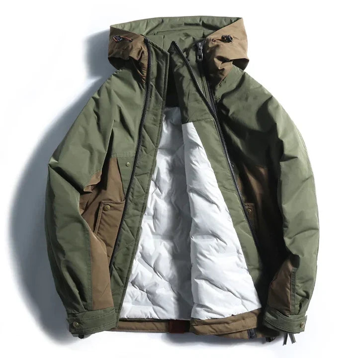 Open olive anorak showing the white quilted lining inside