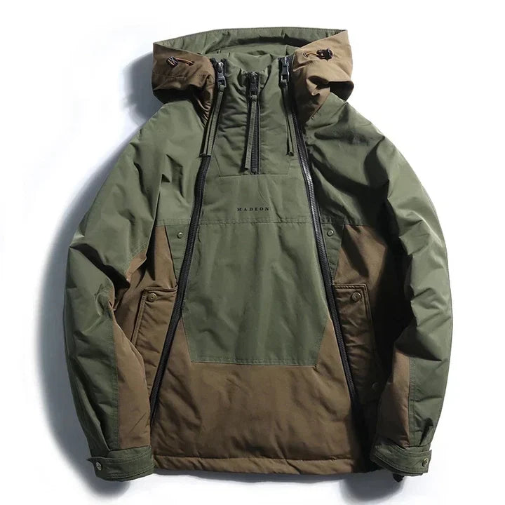 Olive and tan colorblock anorak with double zip front and hood