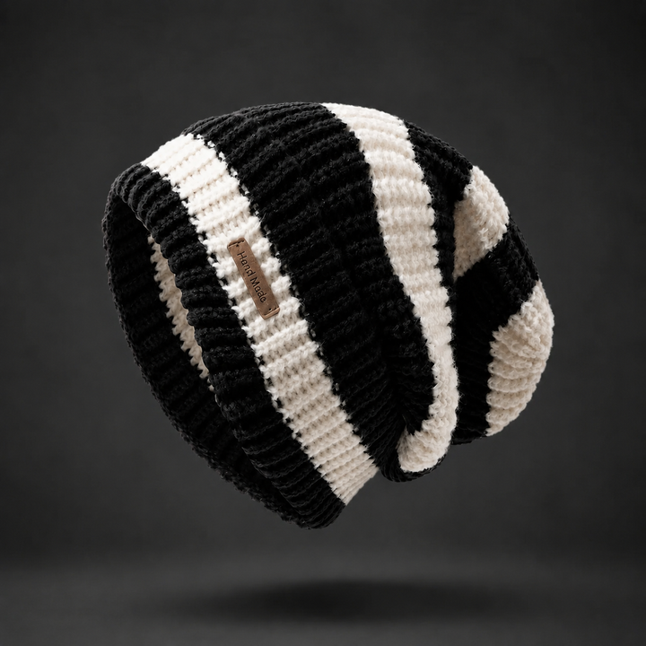 Black and cream striped slouchy knit beanie with brown label