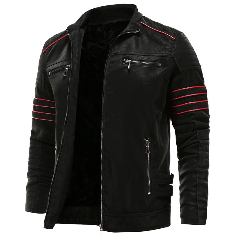 Men's black biker jacket, front view