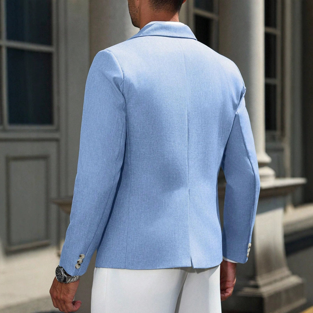 Back view of the light blue blazer showing the slim tailored line