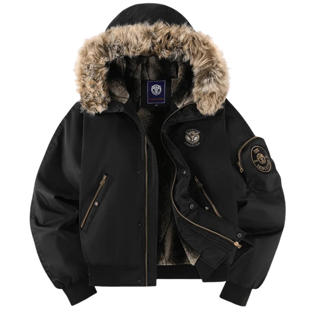 Black padded bomber jacket with faux fur trimmed hood