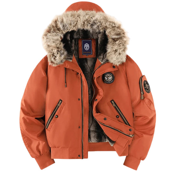 Orange padded bomber with faux fur hood, zip pockets and sleeve badge