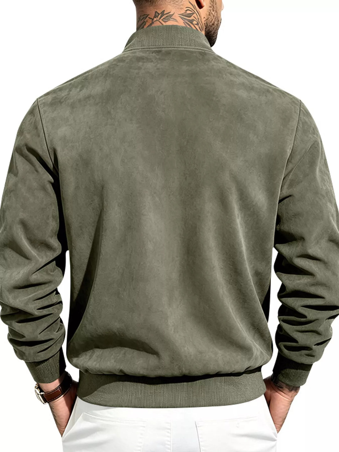 Back view of the army green bomber jacket with a ribbed hem