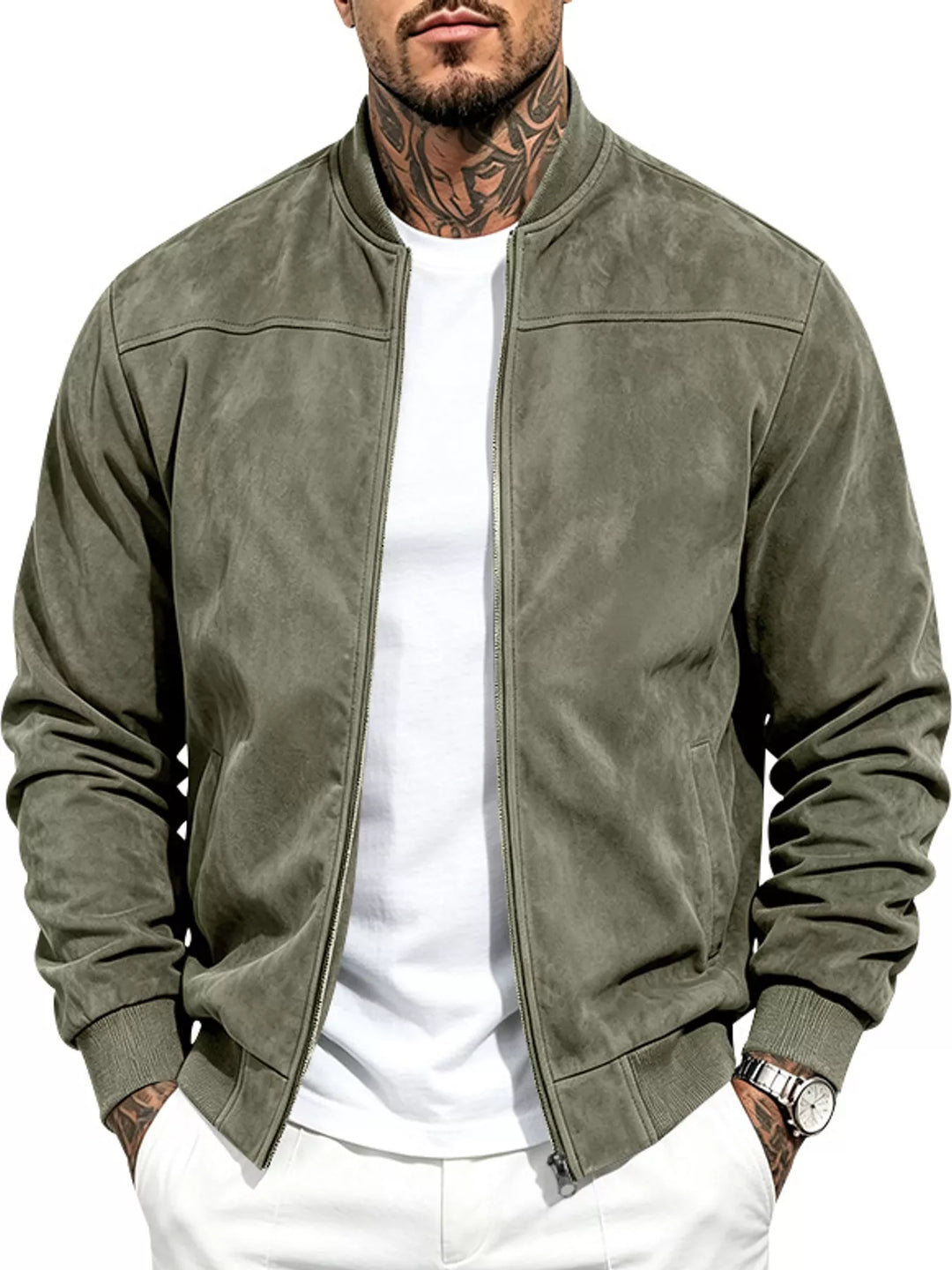 Men's bomber jacket in army green, suede-look with a stand collar and ribbed trim