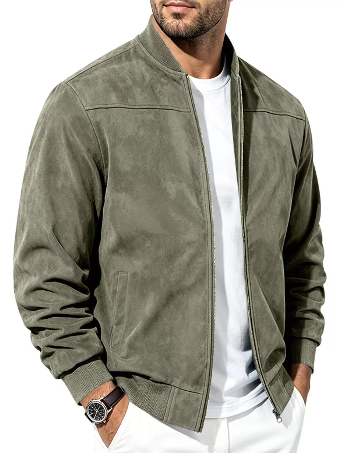 Army green suede-look bomber worn open over a white tee, side angle