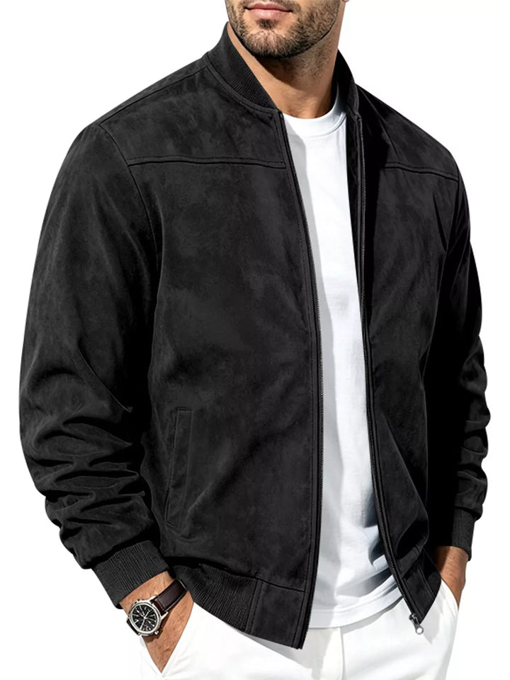 Black bomber jacket with a stand collar, side angle