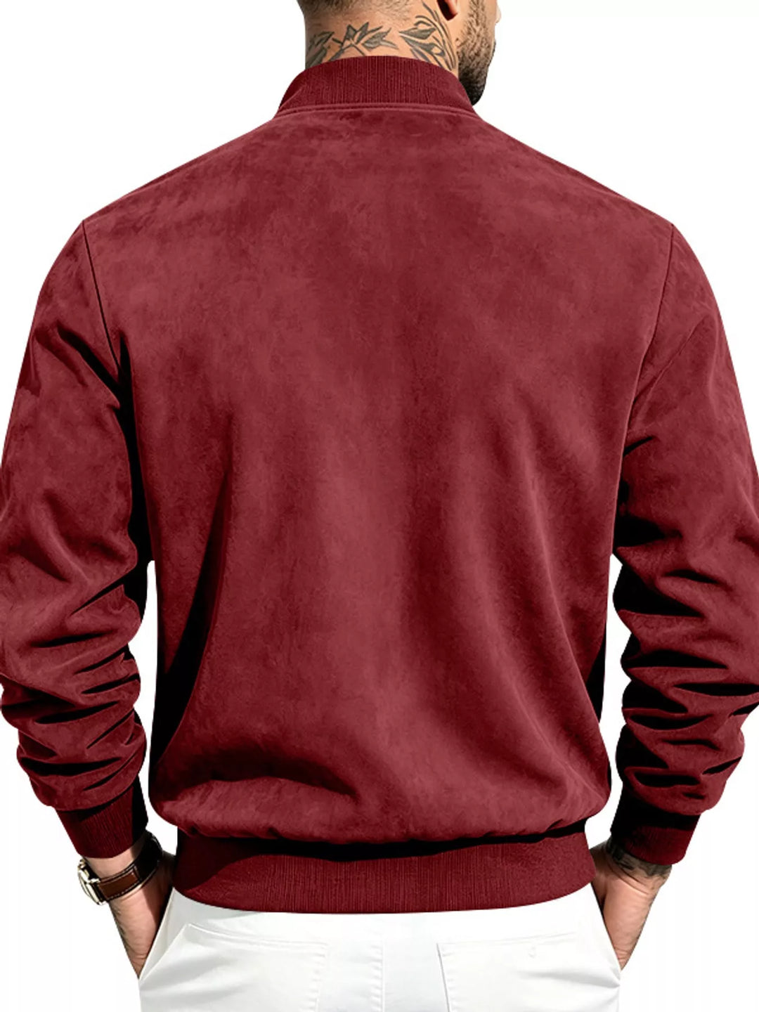 Back view of the burgundy bomber jacket with a ribbed hem