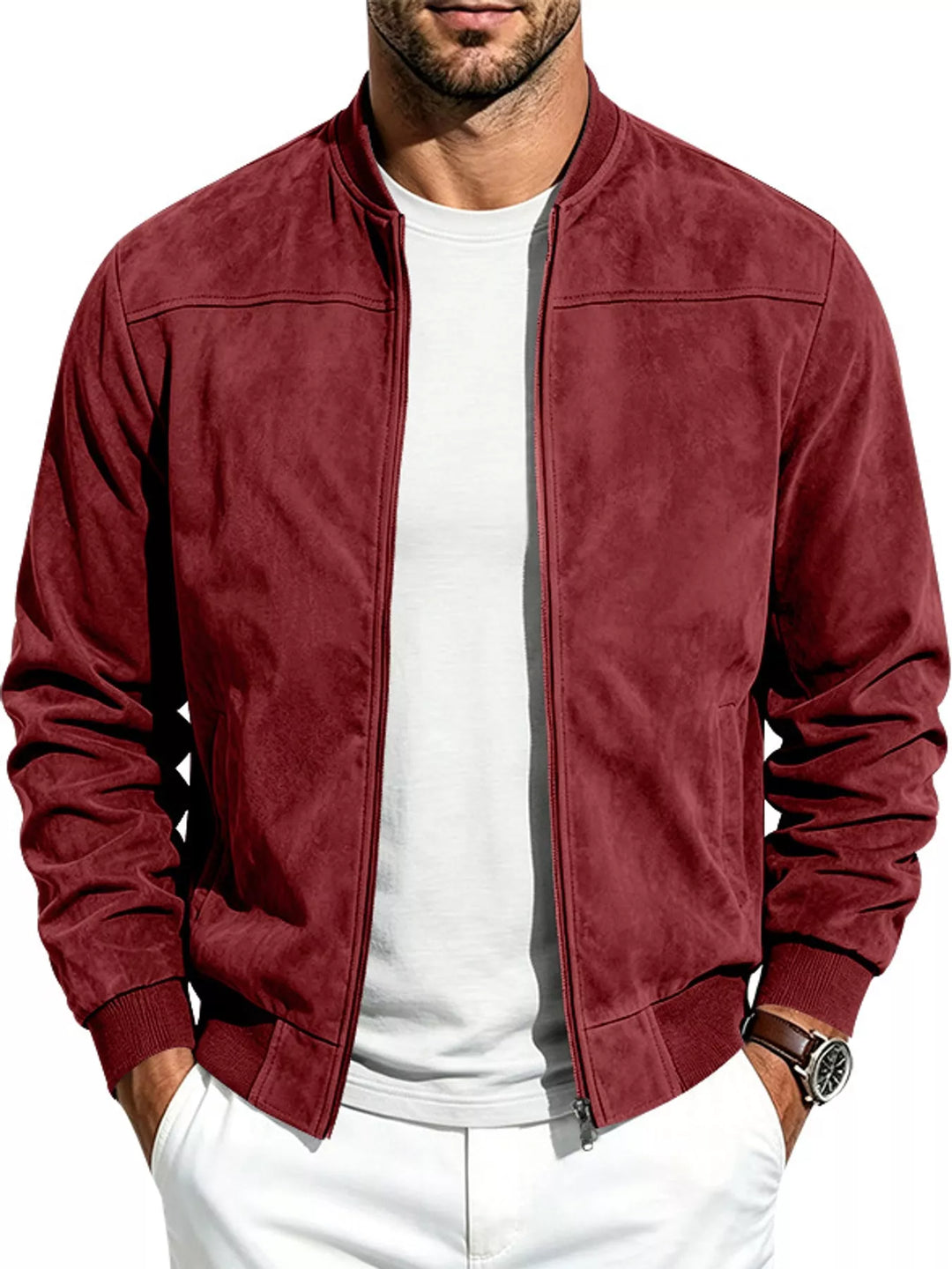 Burgundy bomber worn open, front view