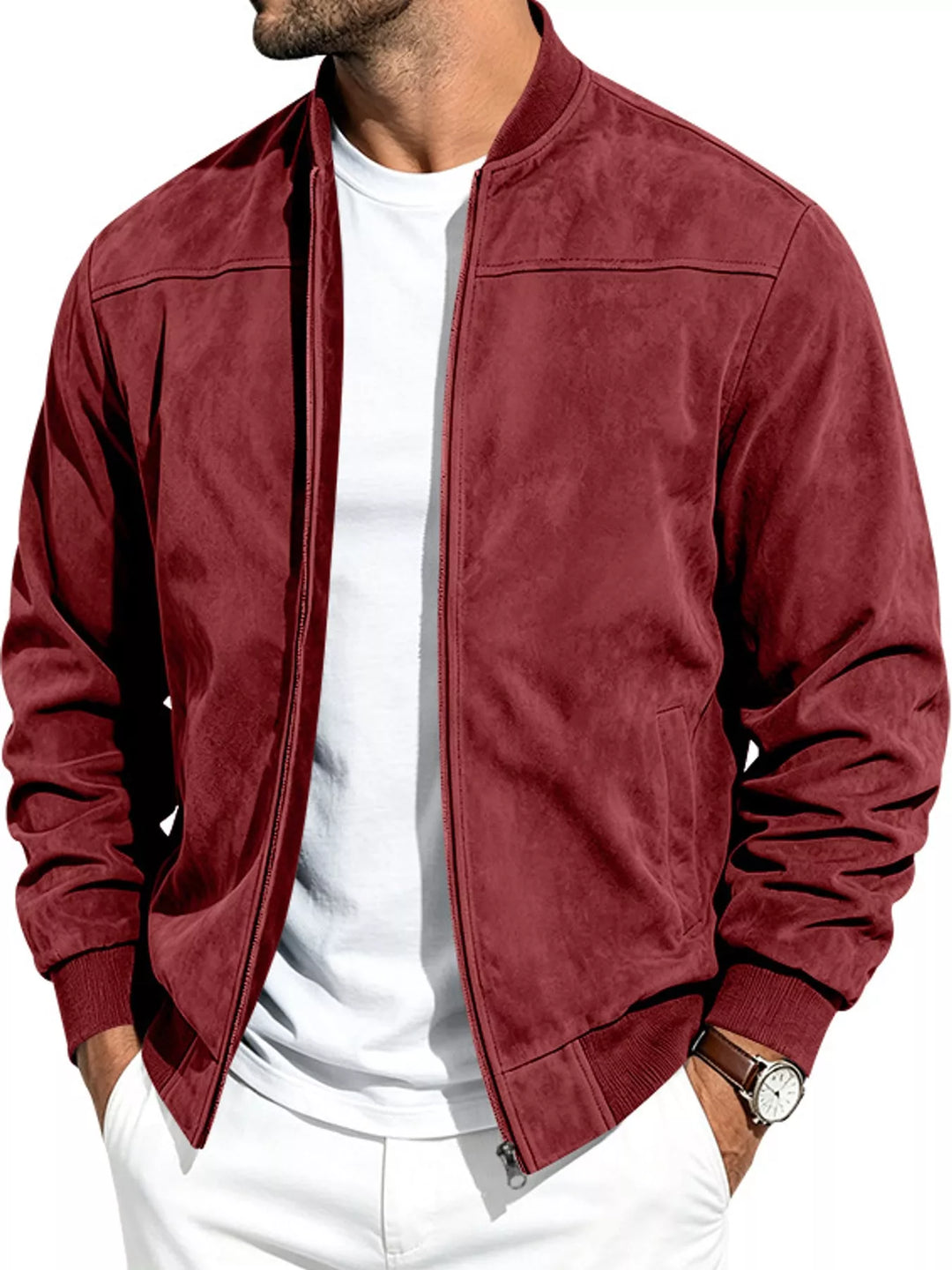 Burgundy suede-look bomber jacket with ribbed collar and cuffs