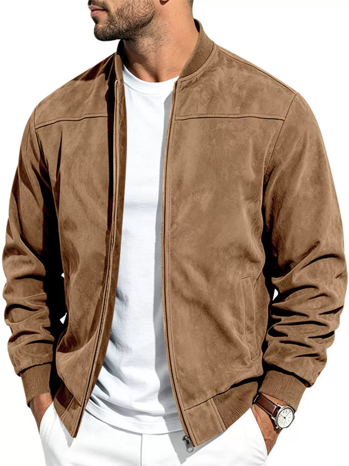 Caramel bomber jacket worn open with a white tee