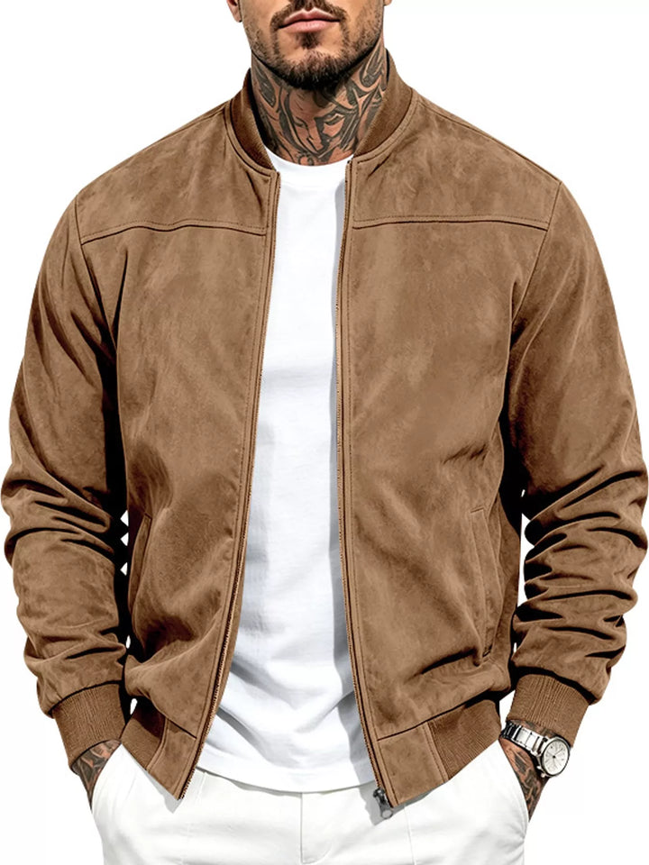 Caramel suede-look bomber jacket with a stand collar
