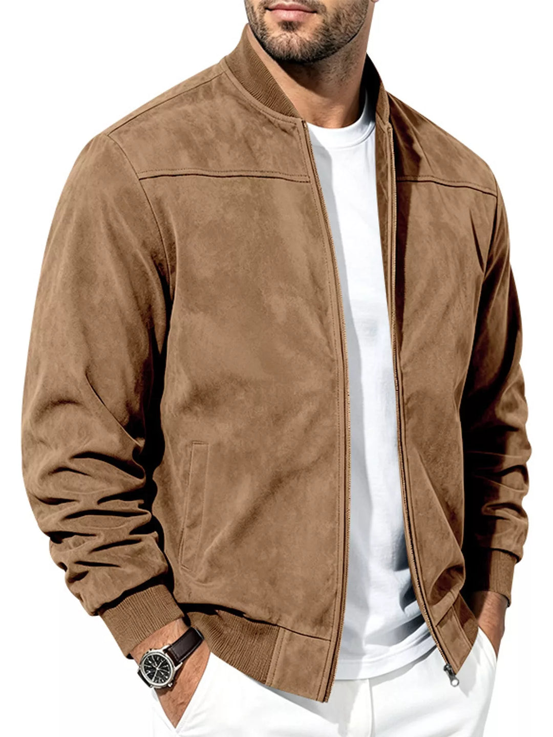 Caramel bomber jacket side view with ribbed cuffs