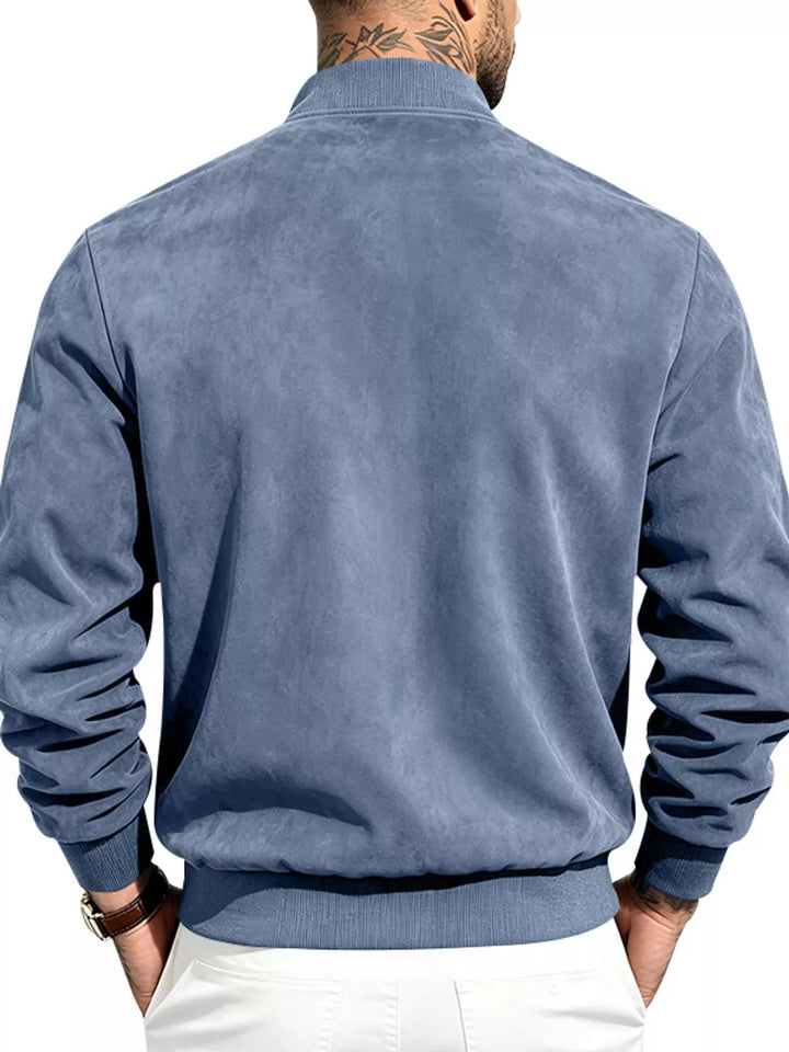 Back view of the light blue suede-look bomber jacket