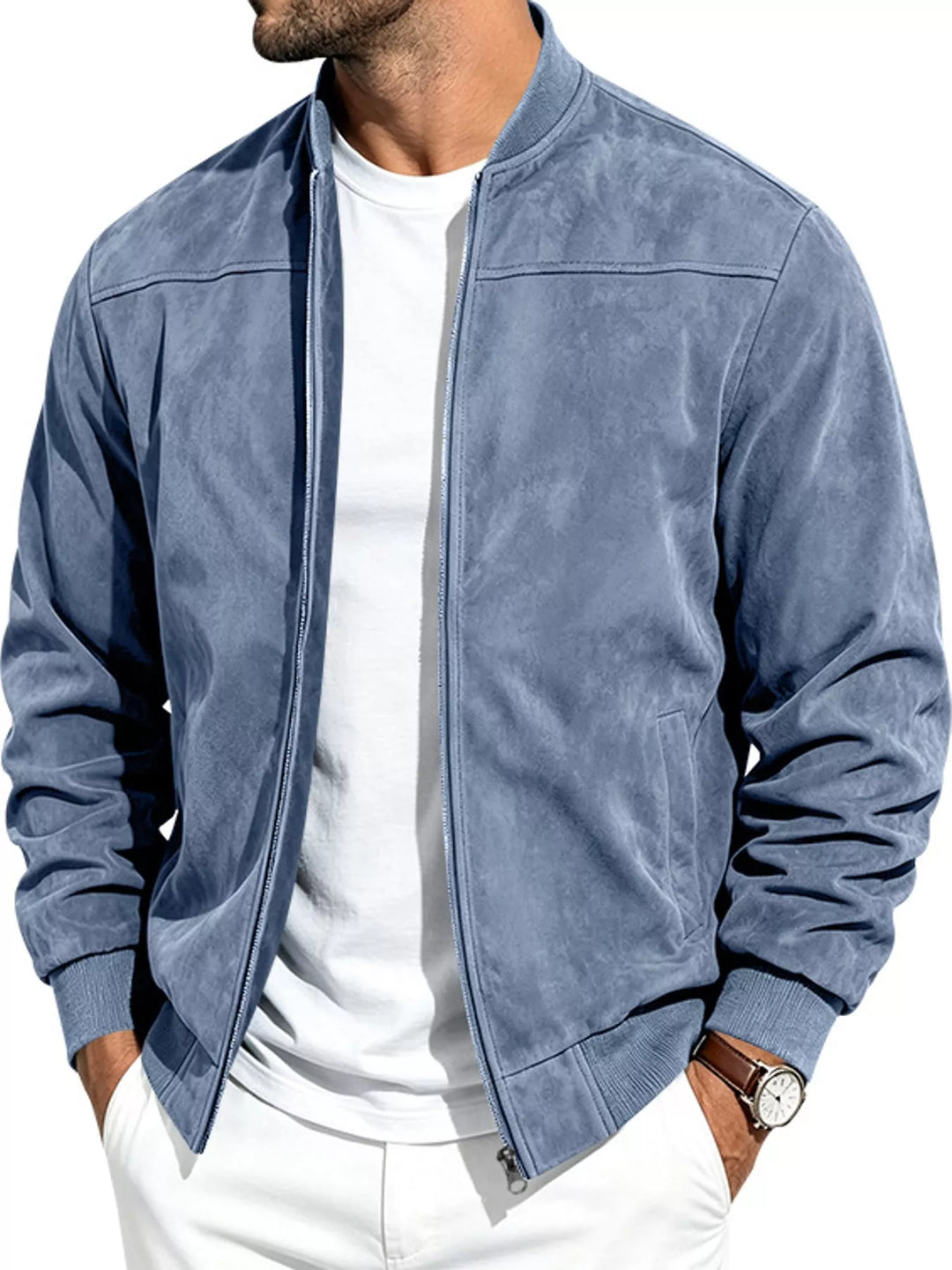 Light blue bomber worn open with hands in pockets