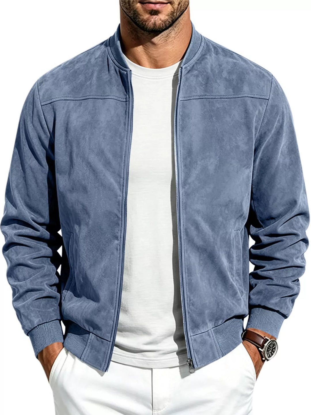 Light blue suede-look bomber jacket with a seam across the chest