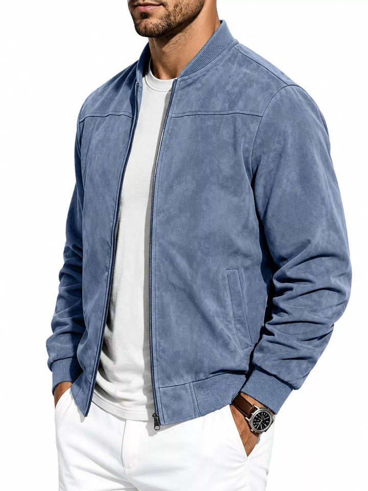 Light blue bomber jacket from the side with a zip pocket opening