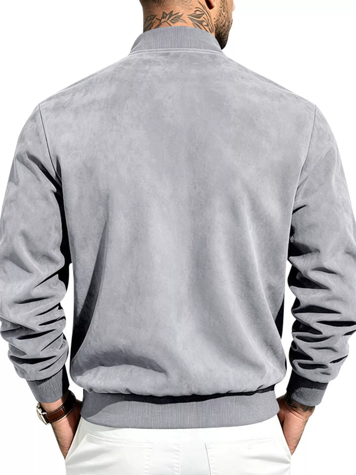 Back view of the light gray suede-look bomber jacket