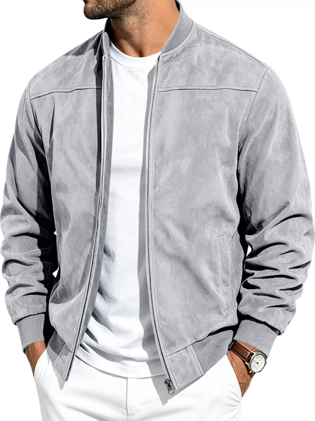 Light gray bomber worn open, hands in pockets