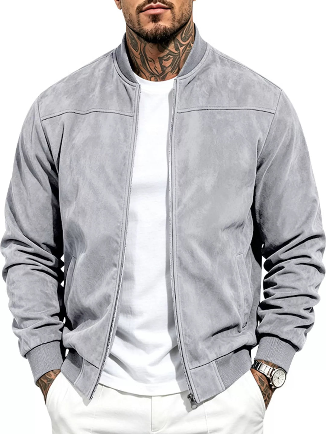 Light gray suede-look bomber jacket with a full zip front