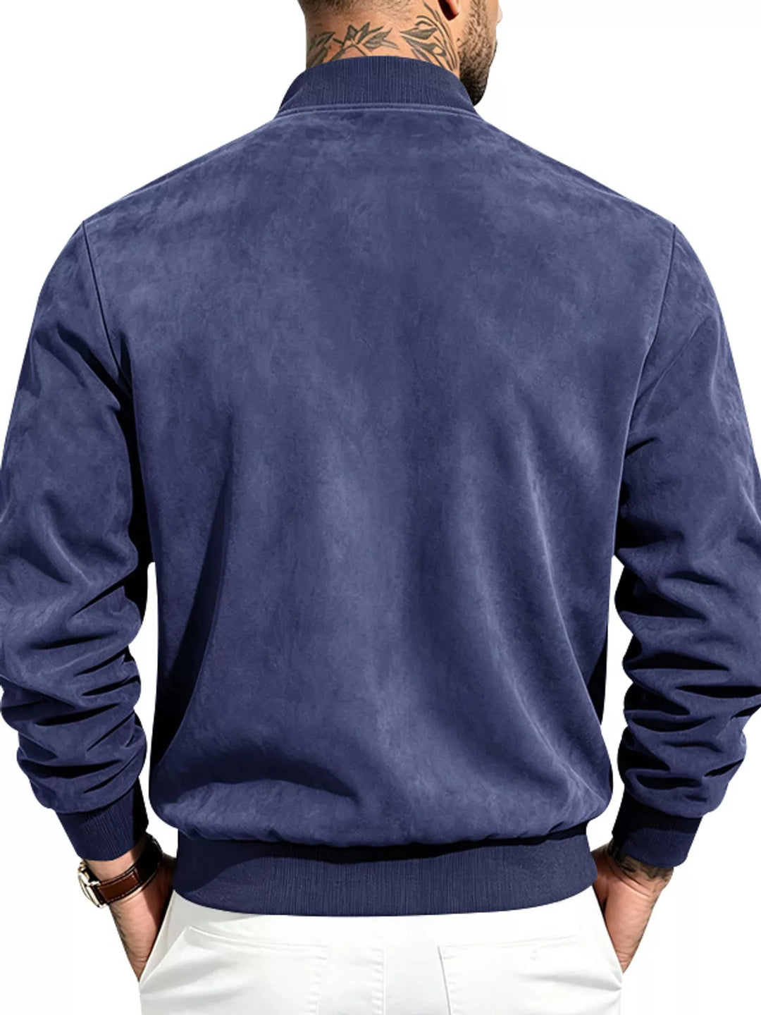 Back view of the navy suede-look bomber with a ribbed collar