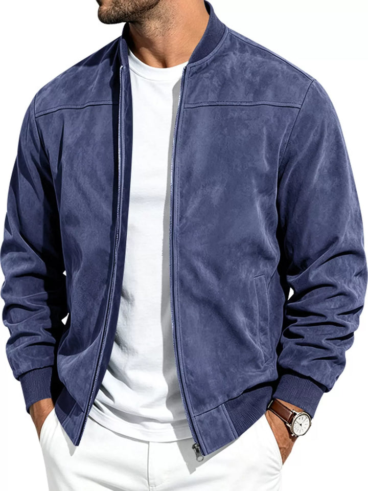 Navy suede-look bomber jacket with a full zip and ribbed cuffs