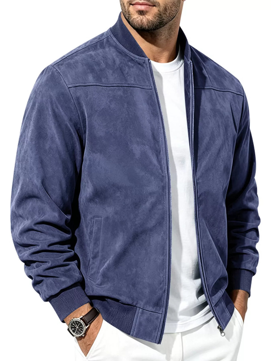 Navy bomber jacket shown at an angle with a side pocket