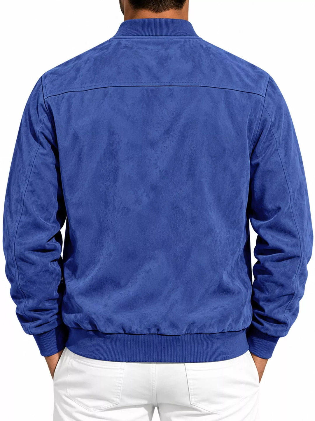 Back view of the royal blue bomber jacket with a yoke seam