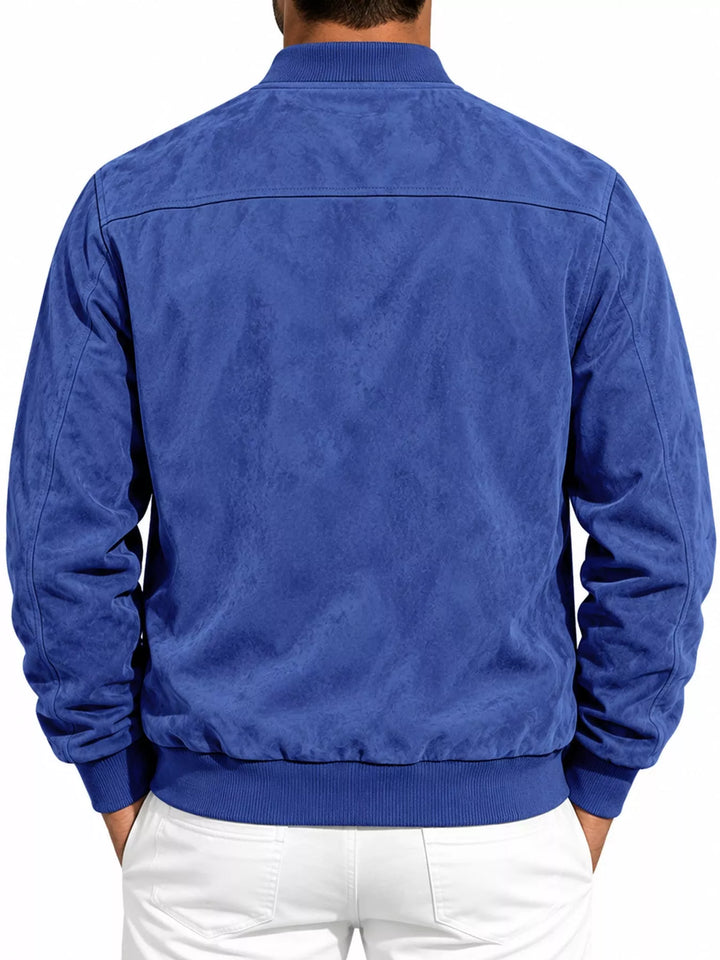 Back view of the royal blue bomber jacket with a yoke seam