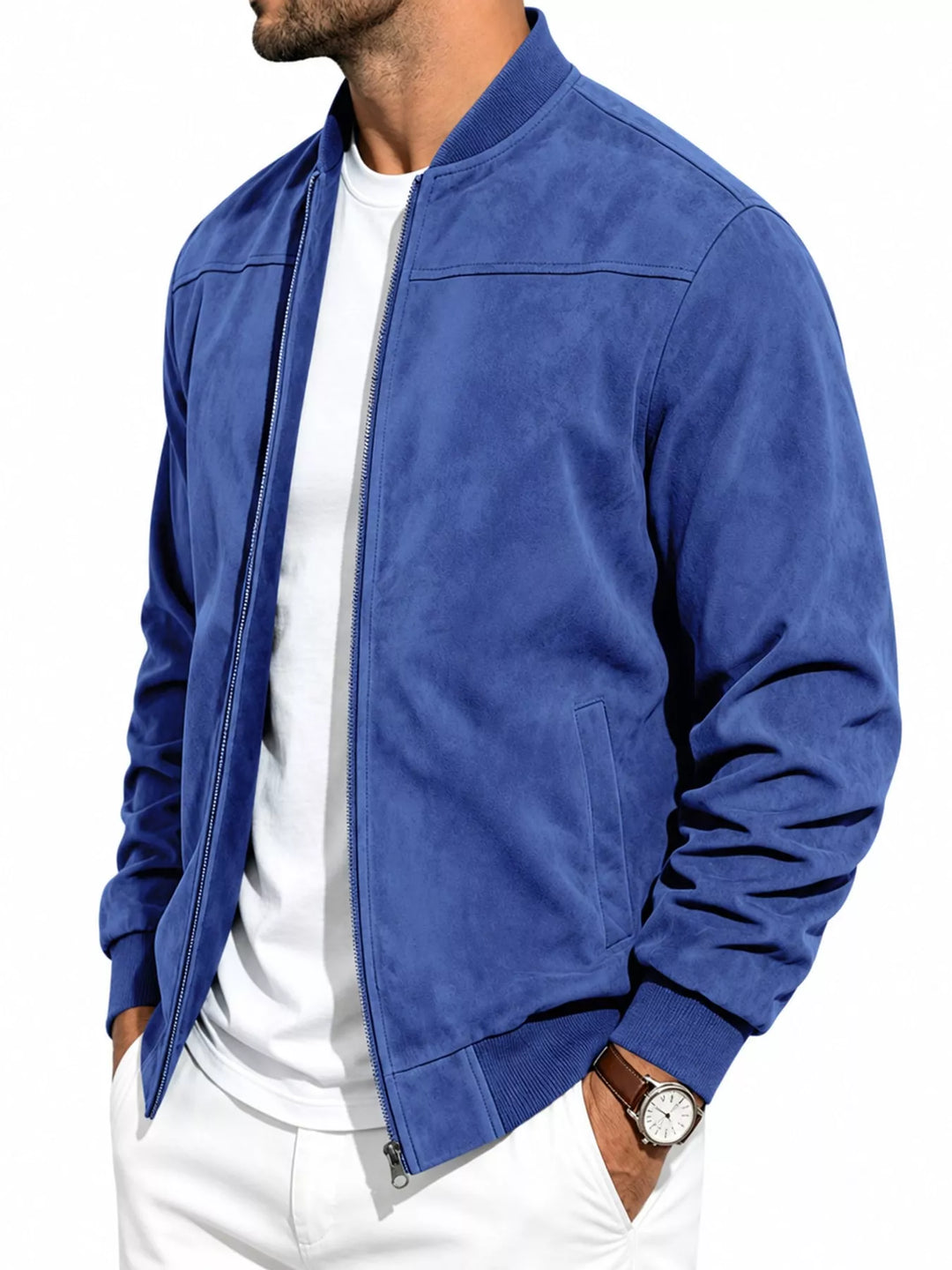 Royal blue bomber jacket at an angle with a side pocket
