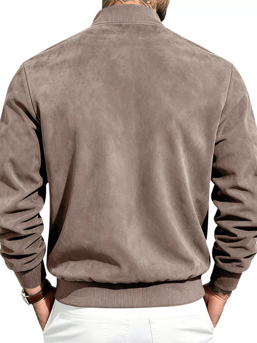 Back view of the taupe bomber jacket with a ribbed hem