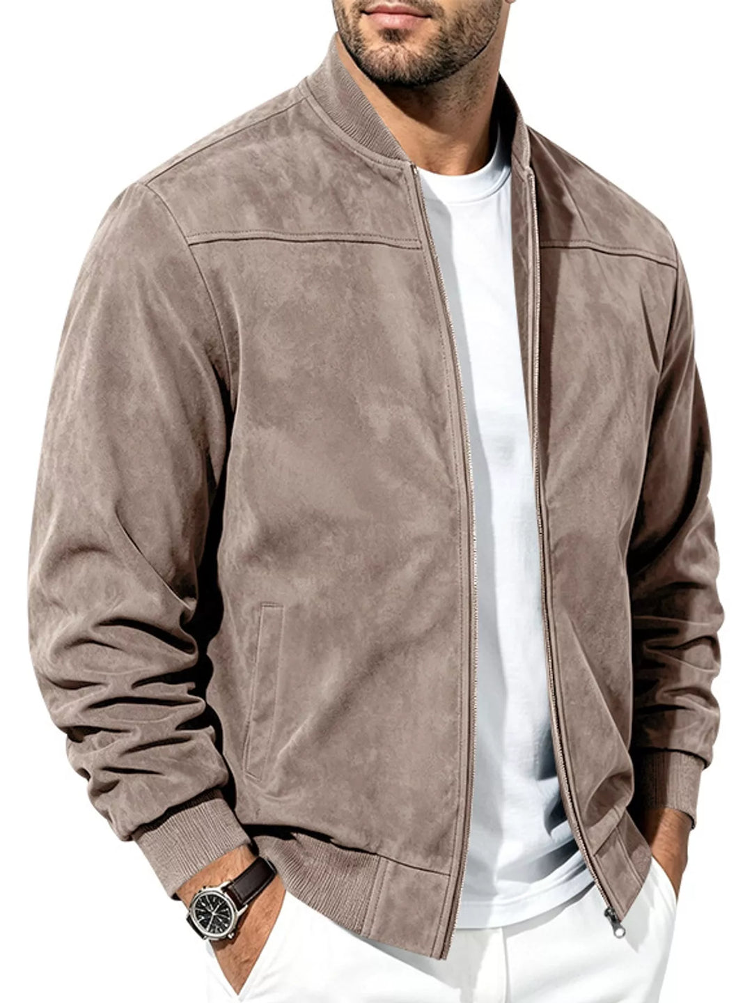 Taupe bomber worn open over a white tee