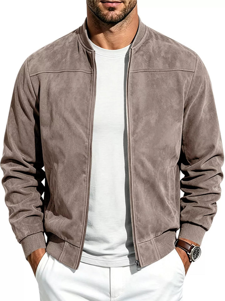 Taupe suede-look bomber jacket with a stand collar and ribbed cuffs