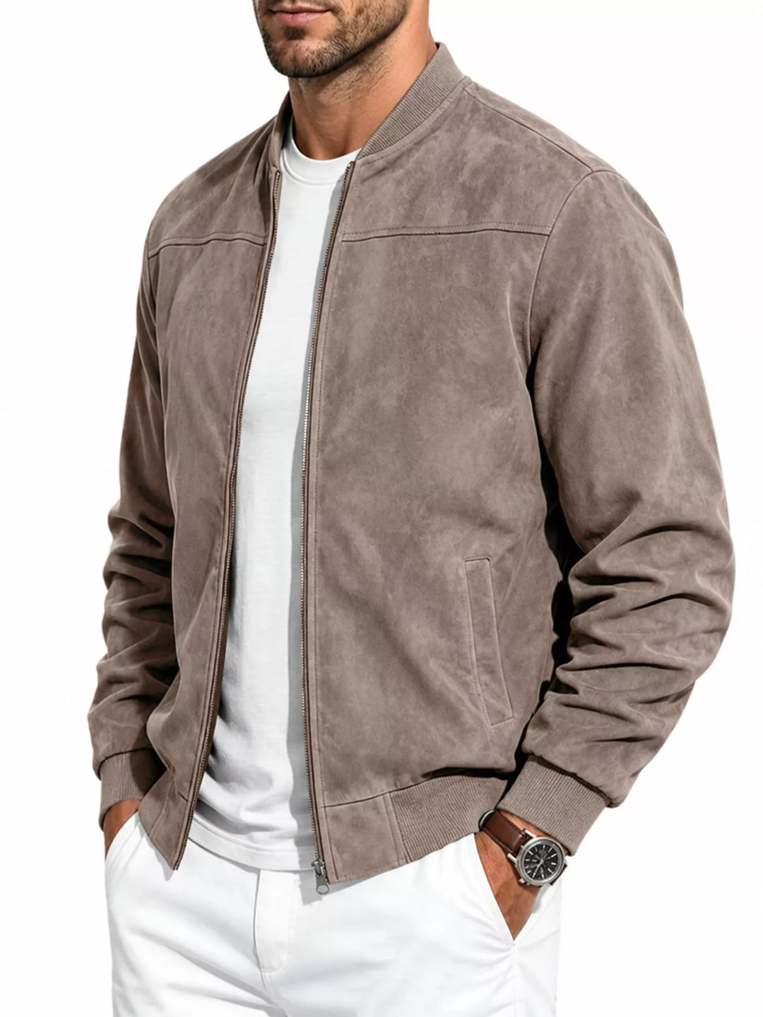 Taupe bomber jacket side angle with a visible side pocket