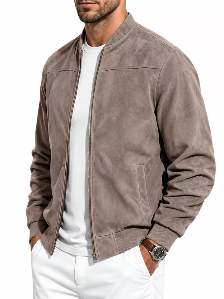 Taupe bomber jacket side angle with a visible side pocket