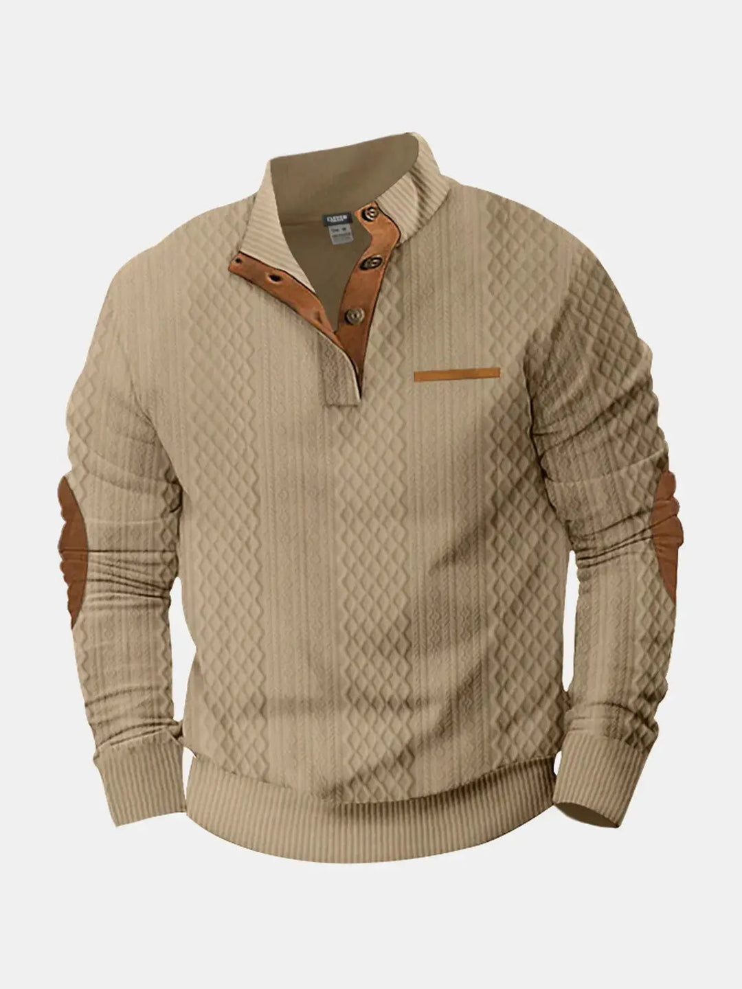 Beige cable knit mock neck pullover with brown elbow patches, flat front view