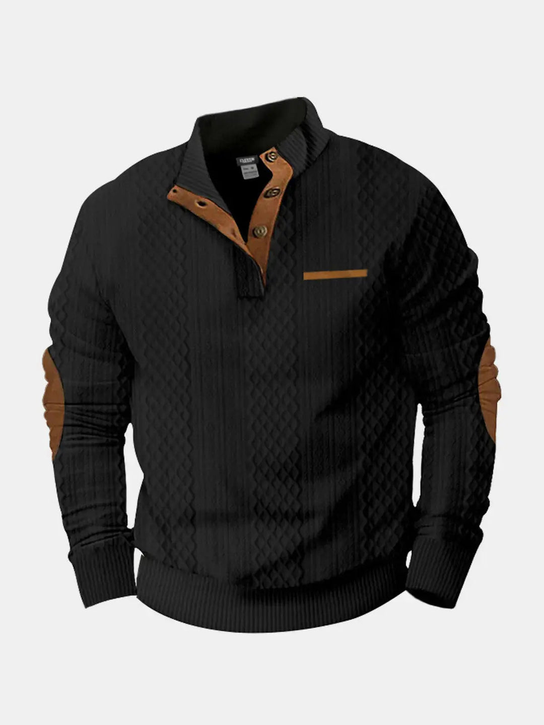 Black cable knit mock neck pullover with brown elbow patches, flat front view