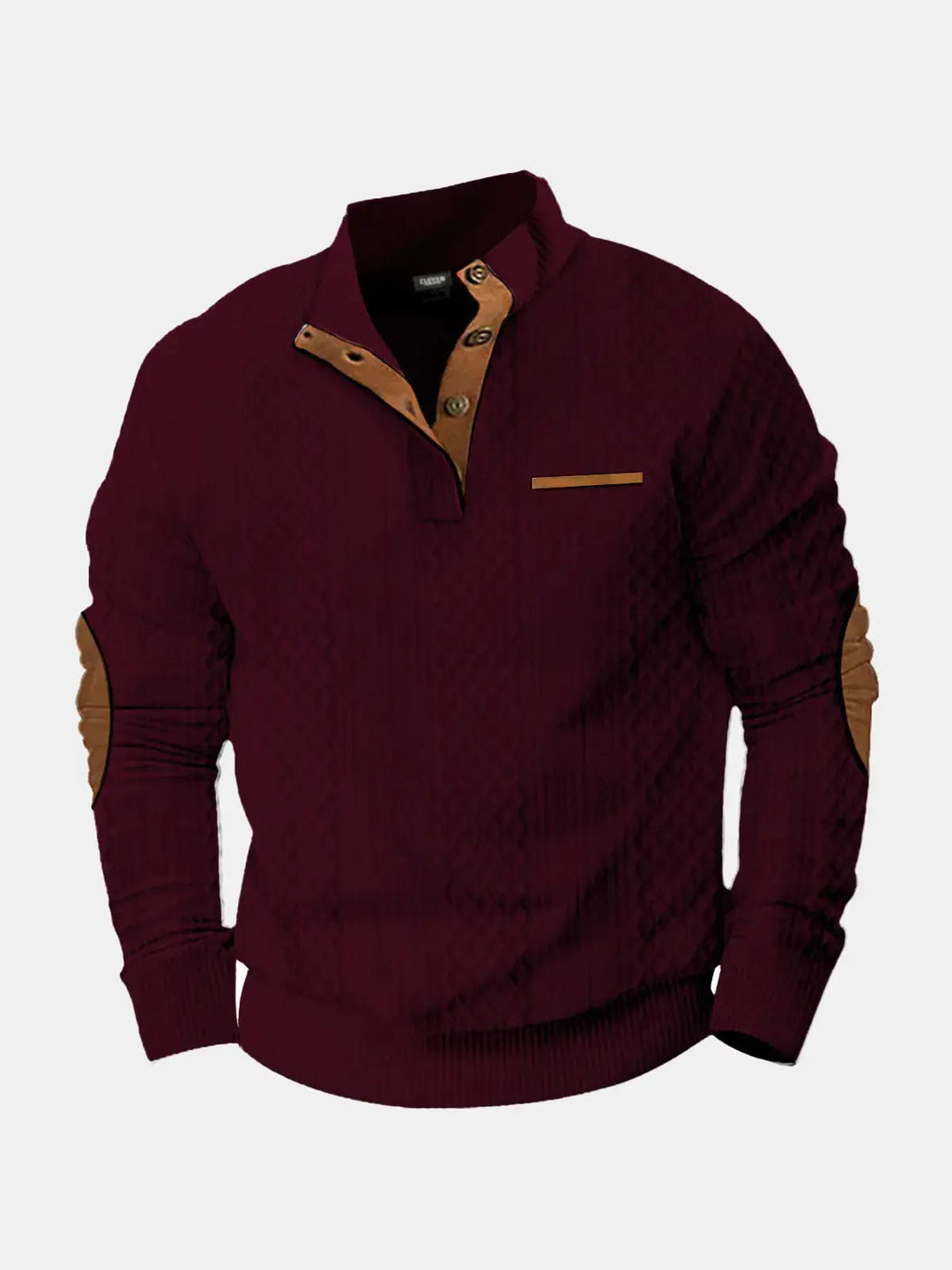 Burgundy cable knit mock neck pullover with brown elbow patches, flat front view