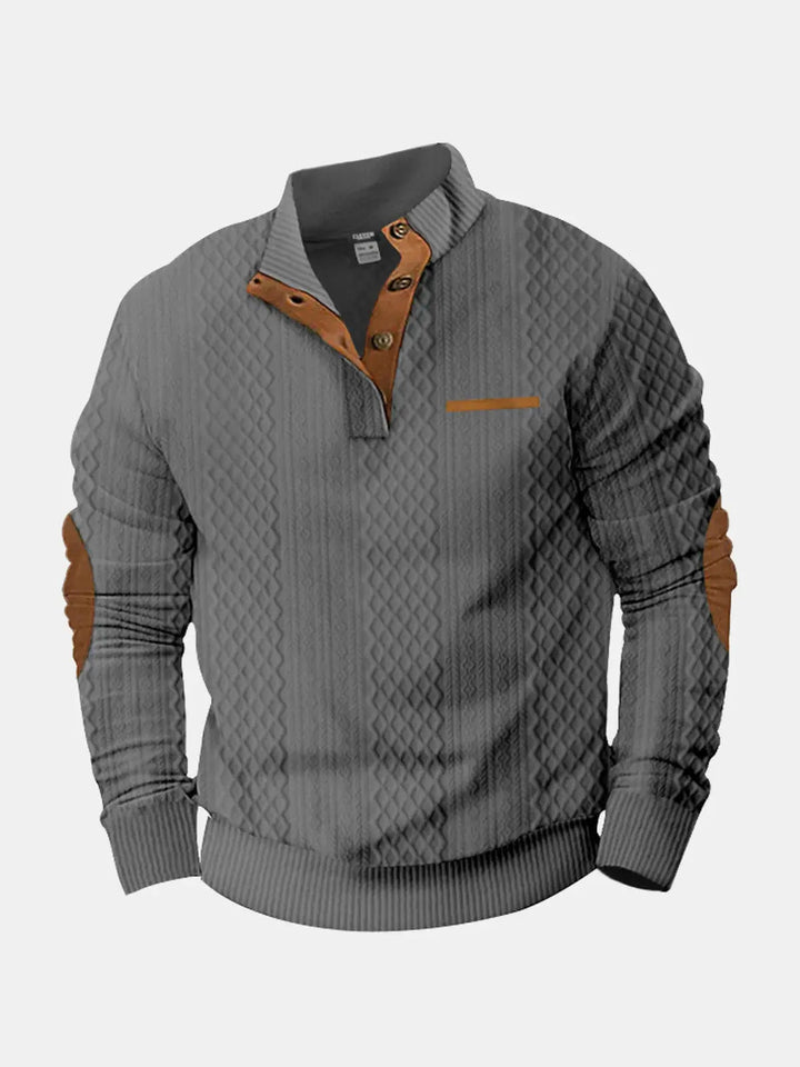 Gray cable knit mock neck pullover with brown elbow patches, flat front view