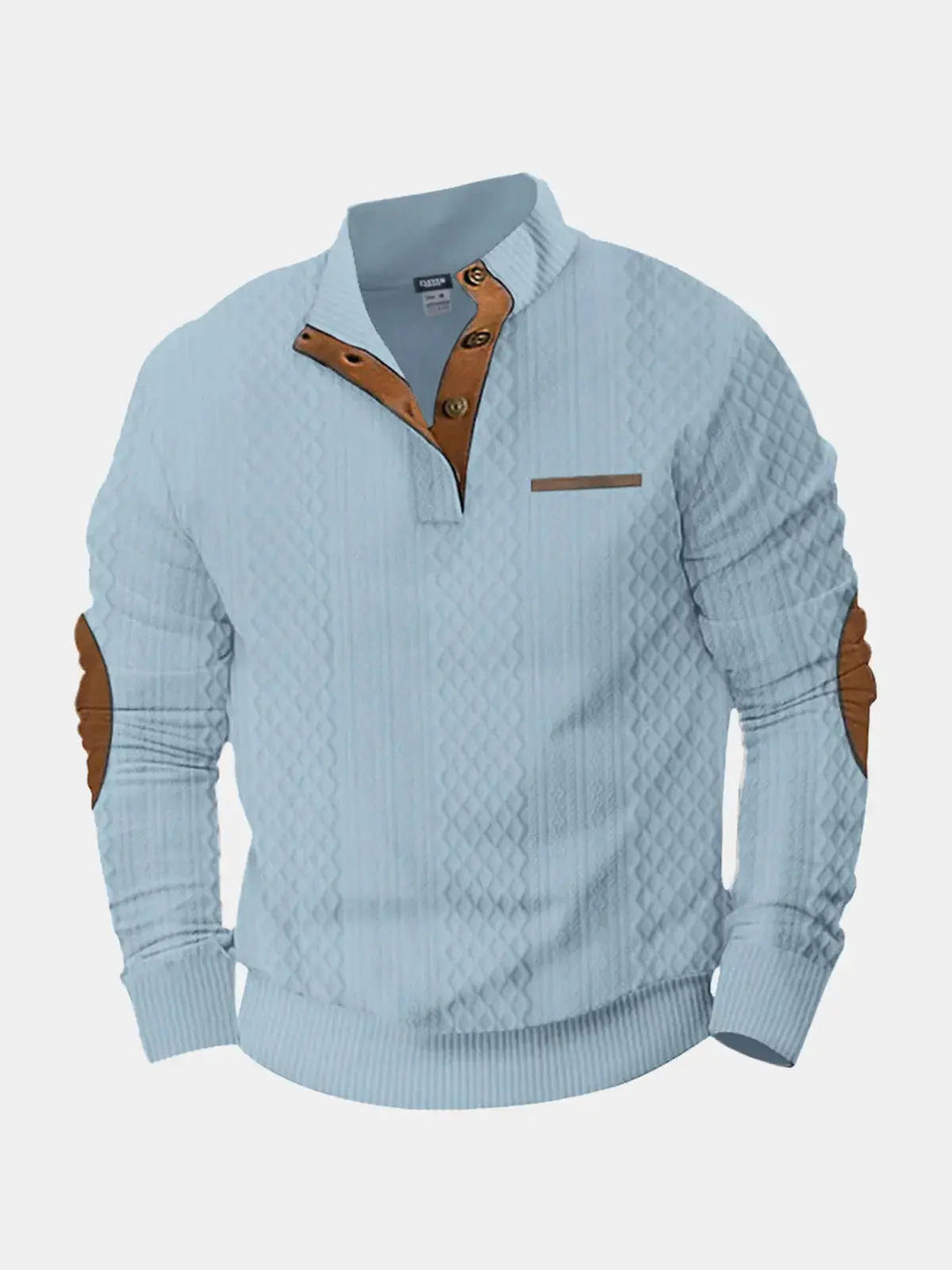 Light blue cable knit mock neck pullover with brown elbow patches, flat front view