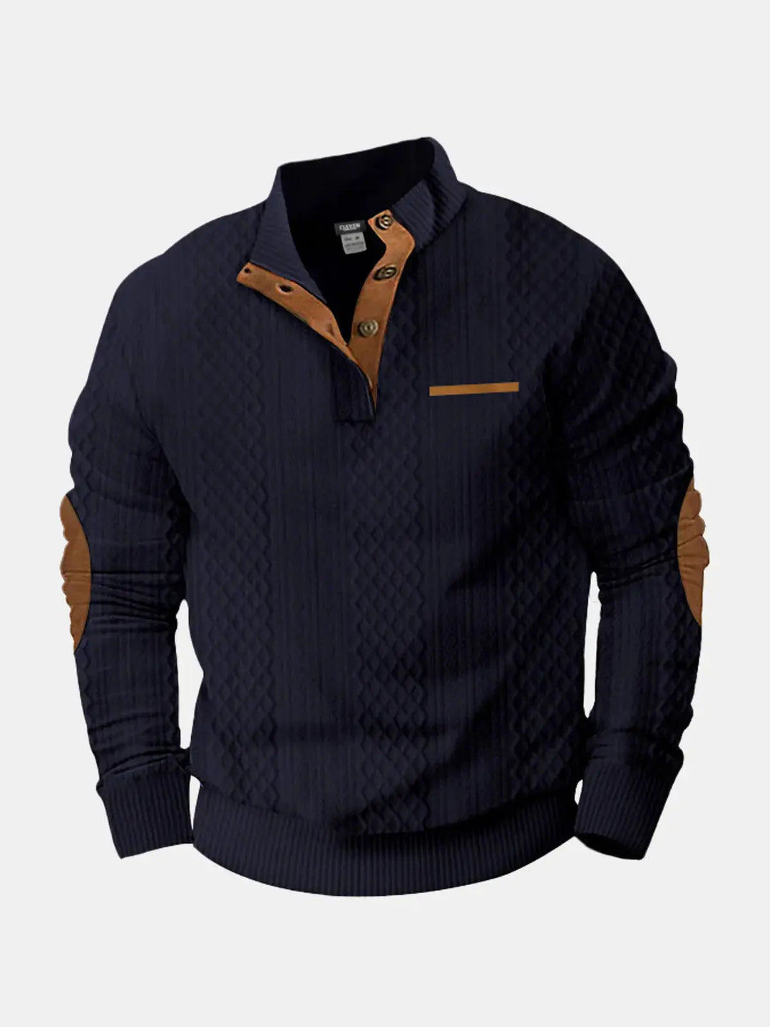 Navy cable knit mock neck pullover with brown elbow patches, flat front view