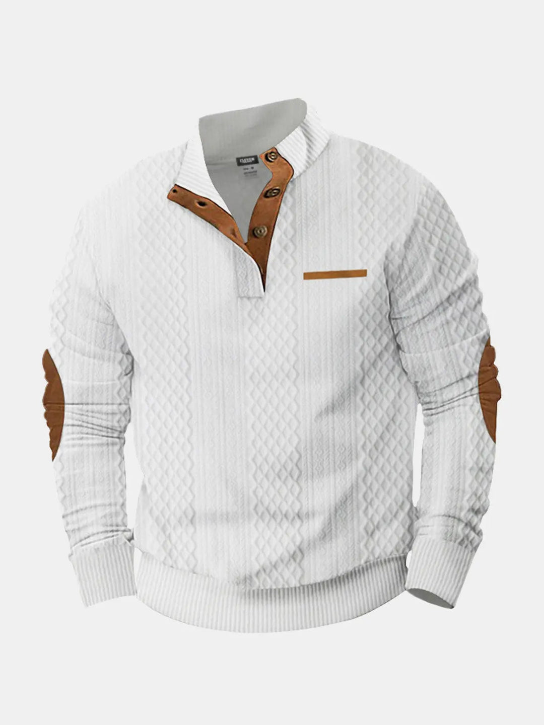 Men's cable knit sweater in white, mock neck pullover with elbow patches, flat front view