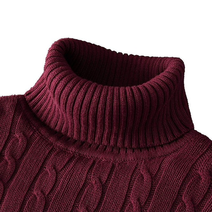Close up of the burgundy turtleneck collar and braided knit